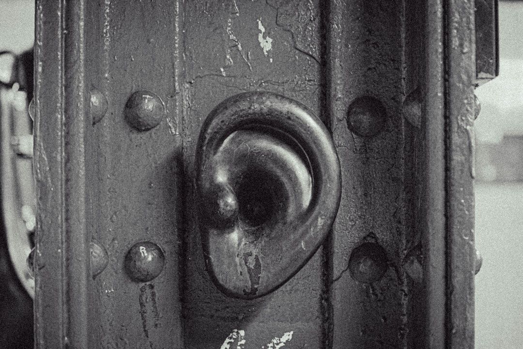Gros plan en noir et blanc d'un ornement en forme d'oreille sur une surface métallique.
